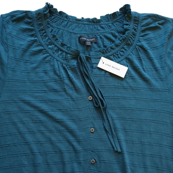 Lane Bryant NWT Teal Blue Ruffle Tie Neck Striped 3/4 Sleeve Faux Button Blouse - Picture 4 of 7
